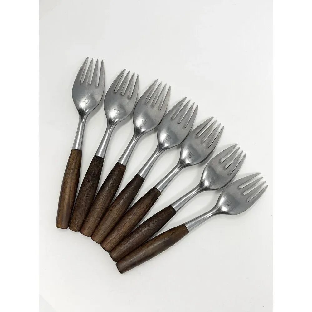 Dansk FJORD Dinner Forks Teak Handle Stainless Steel Germany 7 1/8” Set Of 7